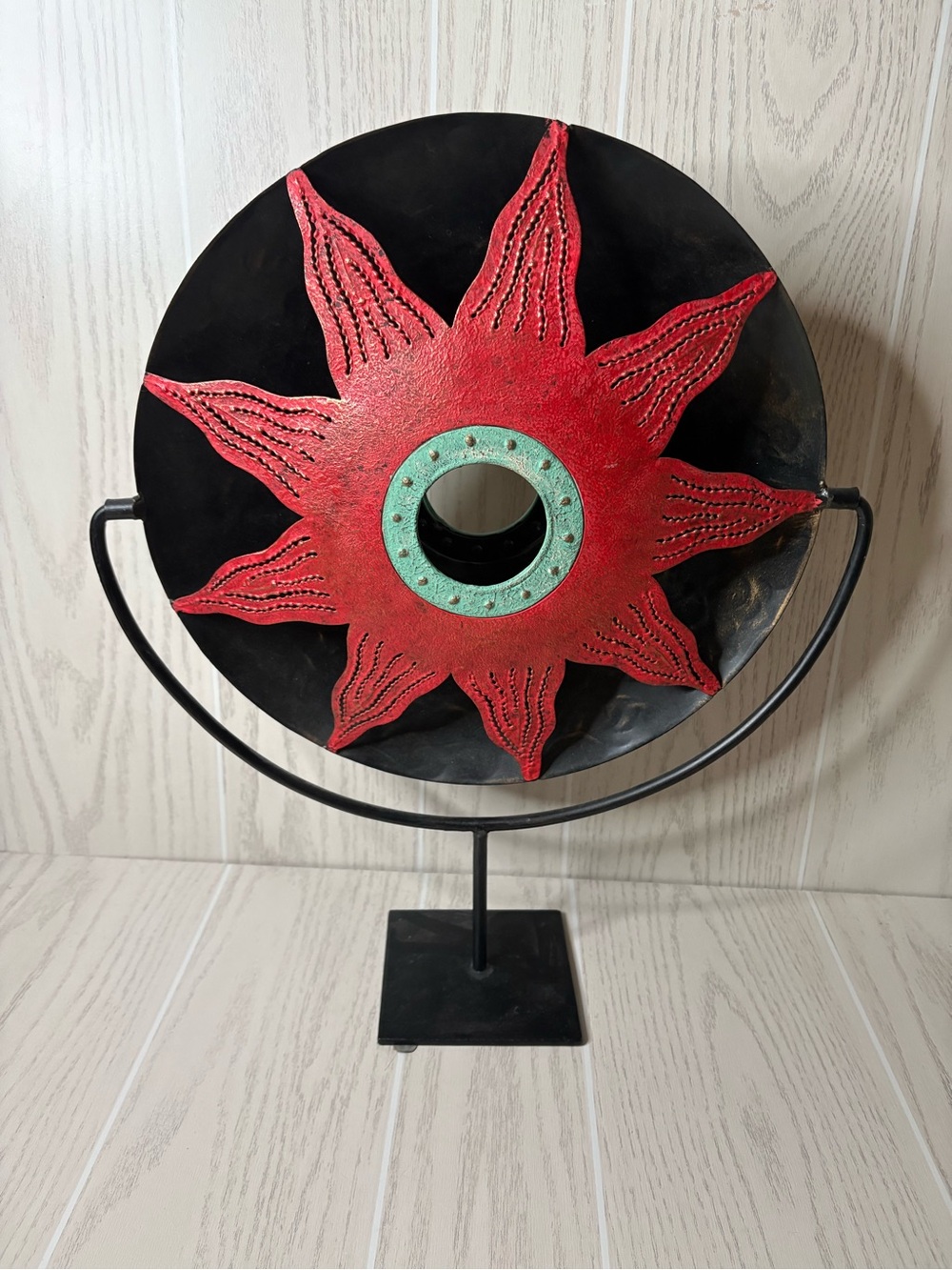 Decorative Red Sunburst Metal Art on Stand Boho Sun Sculpture